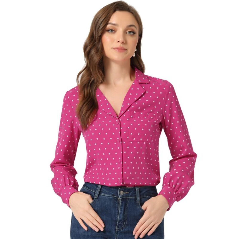 Vintage Long Sleeve Printed Button Down Tops Rose Red Heart